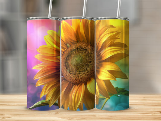 Sunflower tumbler with colorful gradient background.