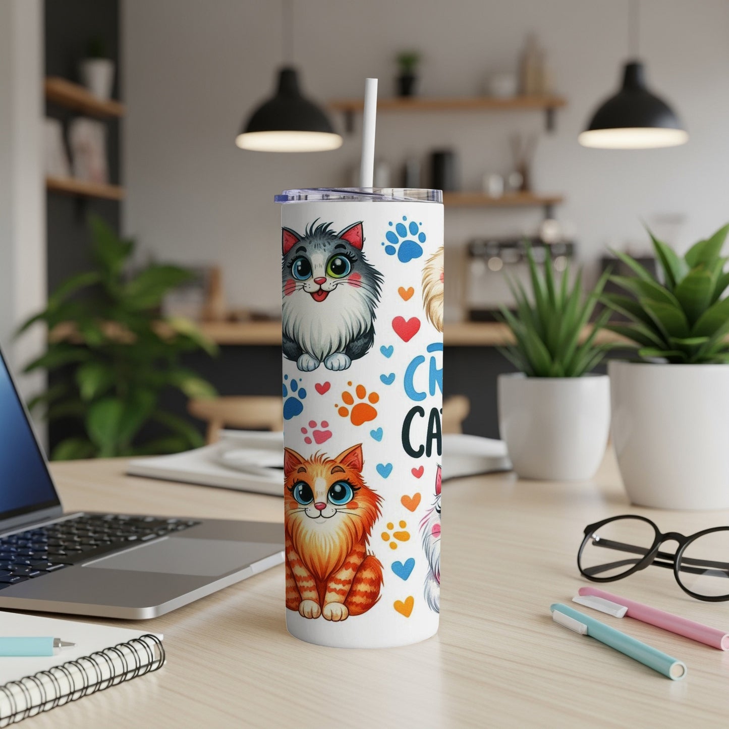 Tumbler with cartoon cats and "Crazy Cat Lady" text.