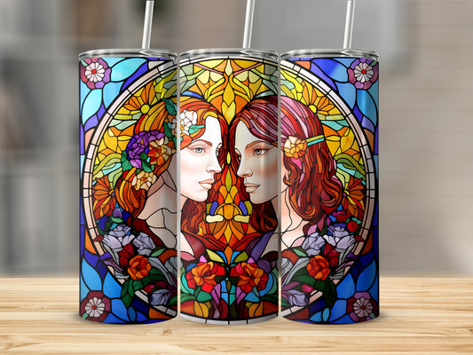 Three tumblers with stained glass design featuring women's faces and floral elements.