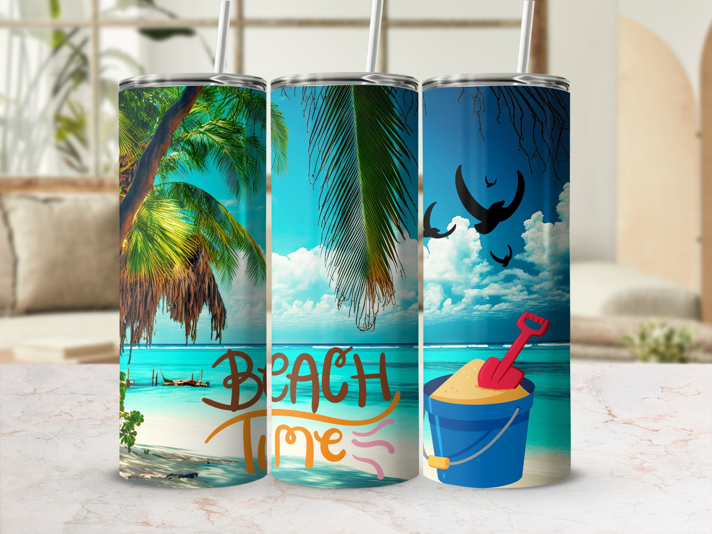 Tropical Beach Scene Travel Mug Set for Summer Fun