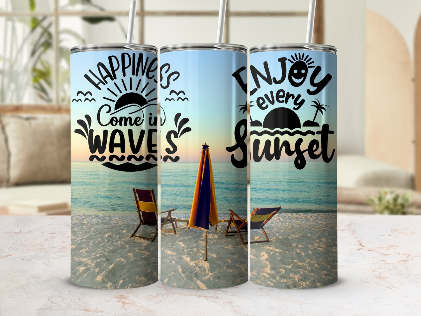 Happiness Comes in Waves Enjoy Every Sunset tumbler