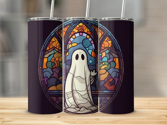 Ghost in stained glass window design on a dark tumbler.