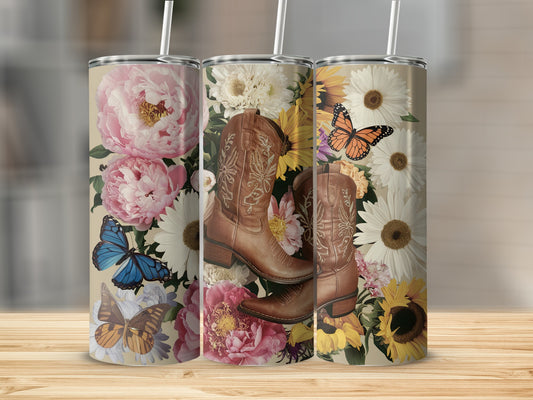 Cowboy boots and flowers on three tumblers with butterflies.
