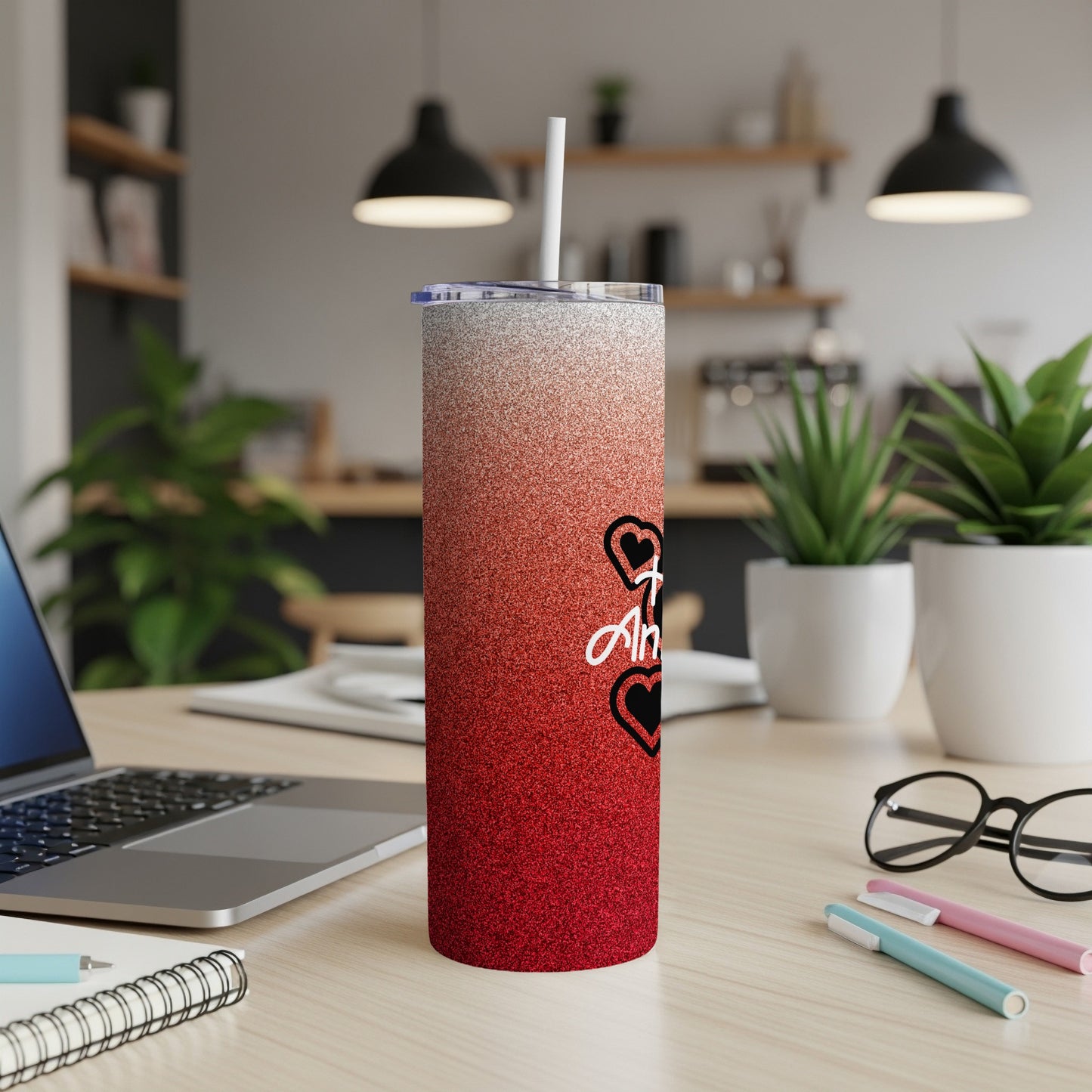 Red and white glitter tumbler with "I'm an..." text and hearts.