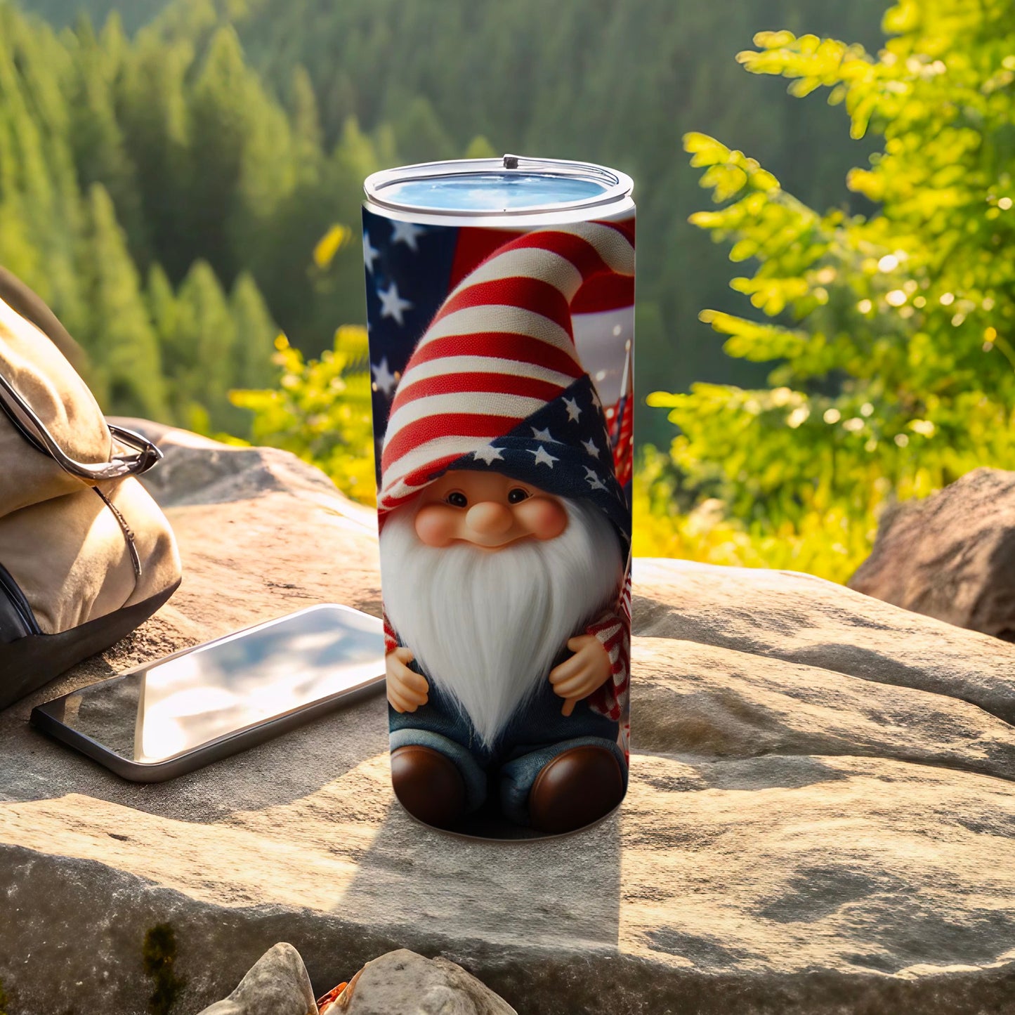 Gnome wearing an American flag hat and denim overalls, outdoors.