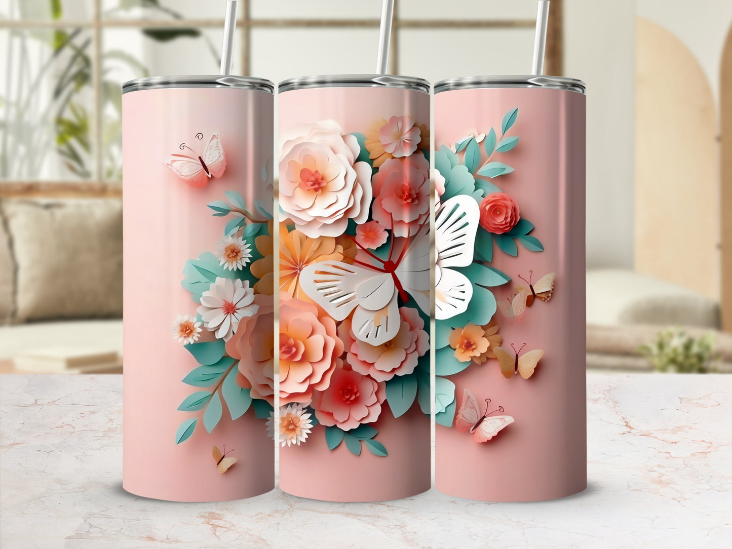 Floral Butterfly Bouquet Design Tumbler Cup for Sale