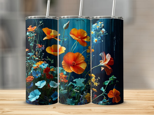 Three tumblers with a dark floral design featuring orange and blue flowers.