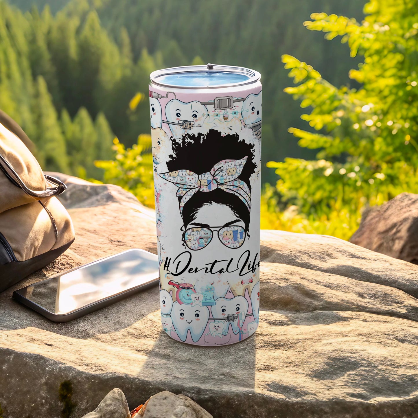 Tumbler with dental-themed illustrations of teeth and the text "#DentalLife".