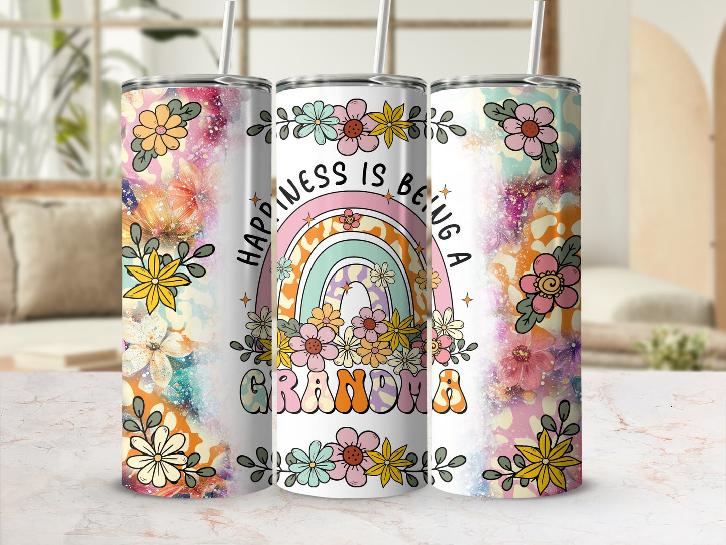 Happiness is Being a Grandma Floral Tumbler Cup