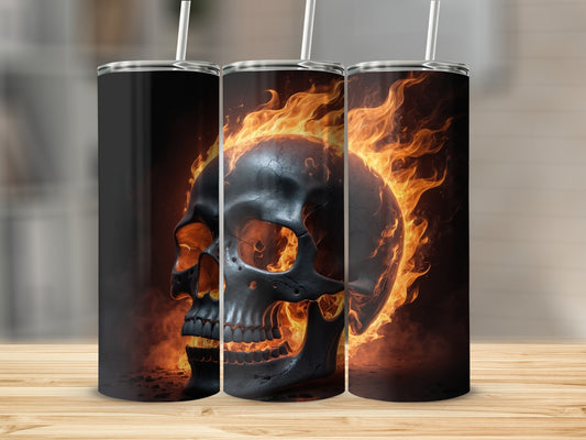 Black skull with flames on a tumbler.