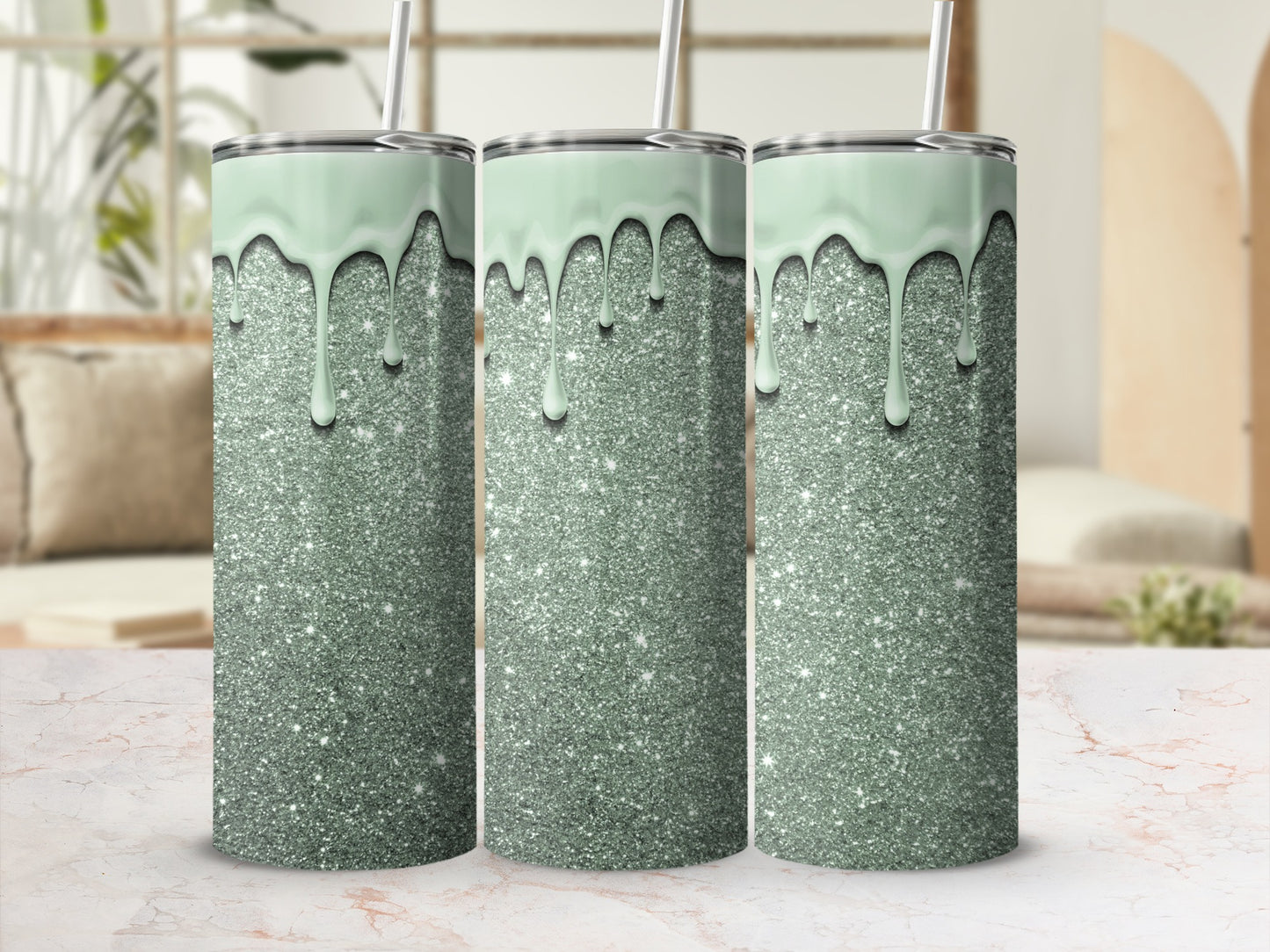 Glitter Drip Tumbler with Mint Green Accent Design