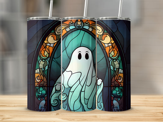 Ghost with stained glass background on a tumbler.
