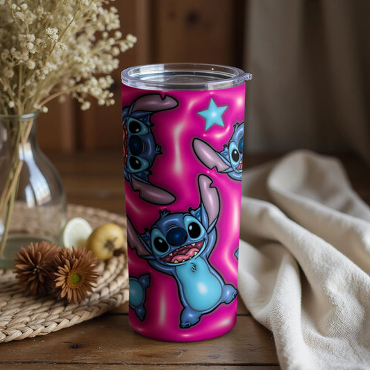 Cute Blue Character on Pink Background Tumbler