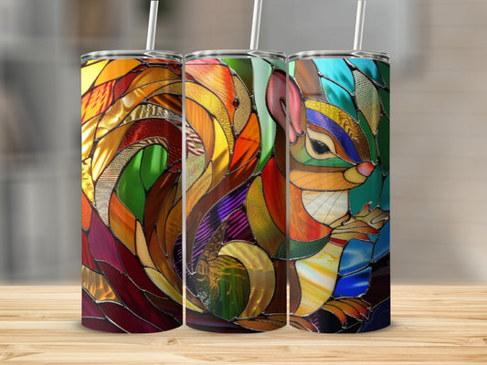 Three stained glass tumblers featuring a squirrel with a colorful, abstract background.