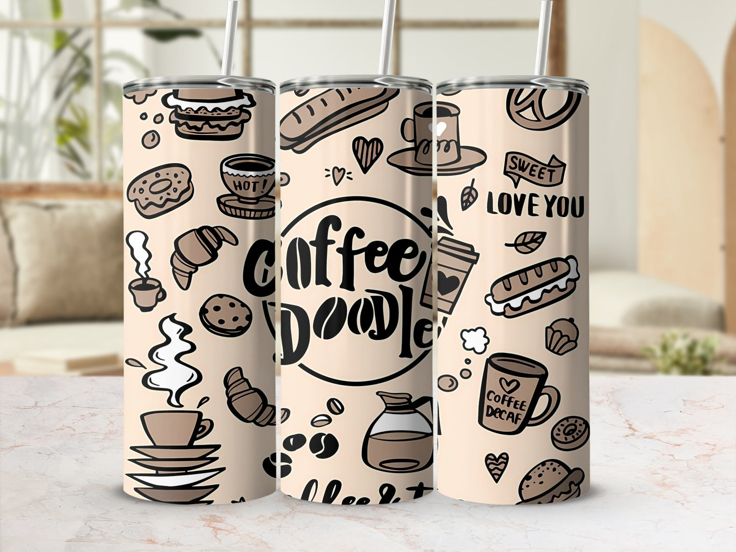 Coffee Doodle Design Tumbler with Straw Retro Style