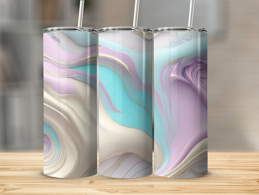 Three tumblers with marbled pastel abstract designs and straws on a wooden surface.