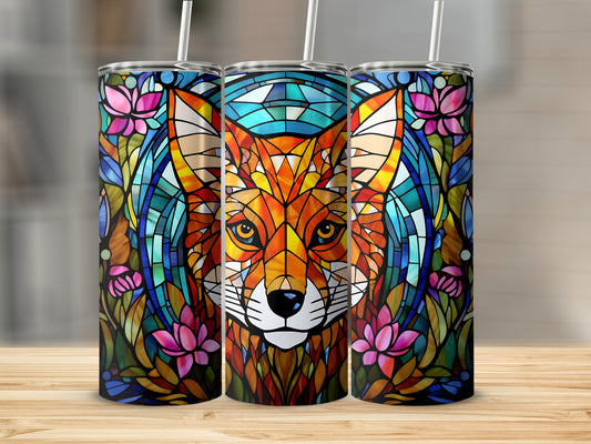 Stained glass fox design on three tumblers with floral accents.