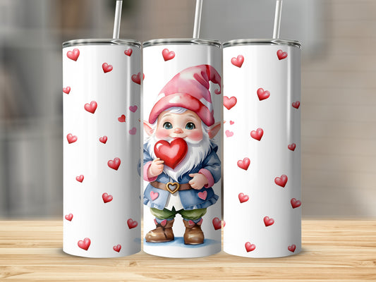 Gnome with hearts on a tumbler, white with red hearts.