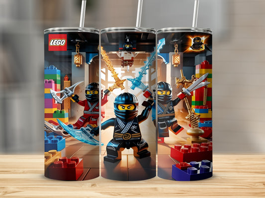 Three Lego Ninjago characters with swords and colorful building blocks.