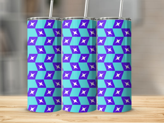 Three tumblers with a repeating purple and blue geometric pattern.