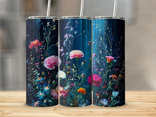 Three tumblers with a dark floral design on a wooden surface.
