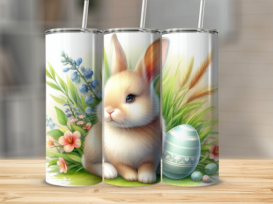 Easter bunny with decorated egg and floral accents on a white tumbler.