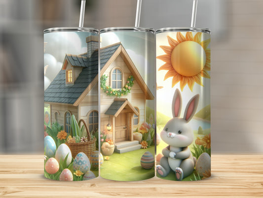 Easter bunny with decorated eggs and a house on a tumbler.