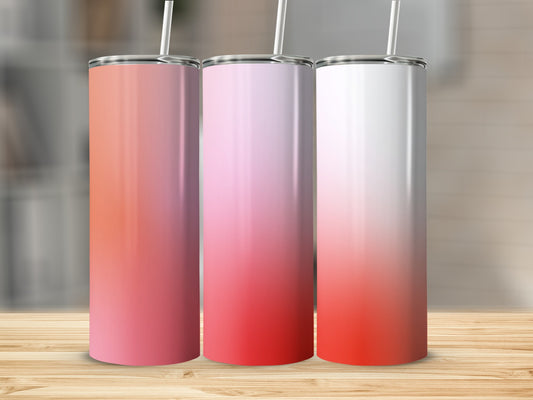 Three tall tumblers with gradient colors from pink to white to red.