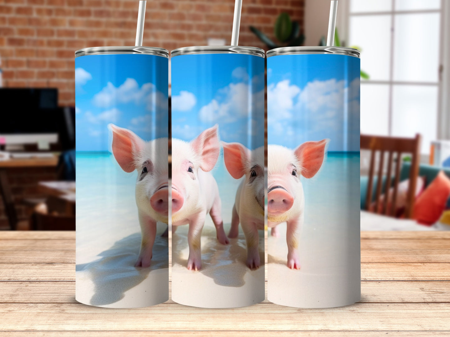Little Pigs Sandy Beach Ocean Blue Sky Happy product type