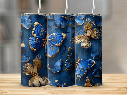 Blue and gold butterflies on a dark blue textured background.