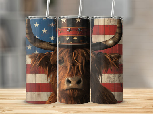 Highland cow in patriotic hat and American flag tumbler.