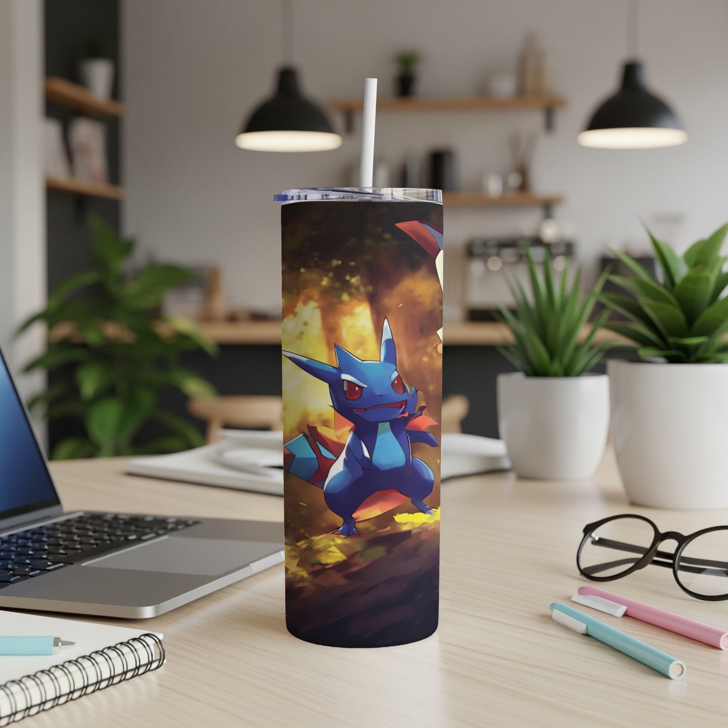 Blue Pokémon character on a dark, wooded background on a tumbler.