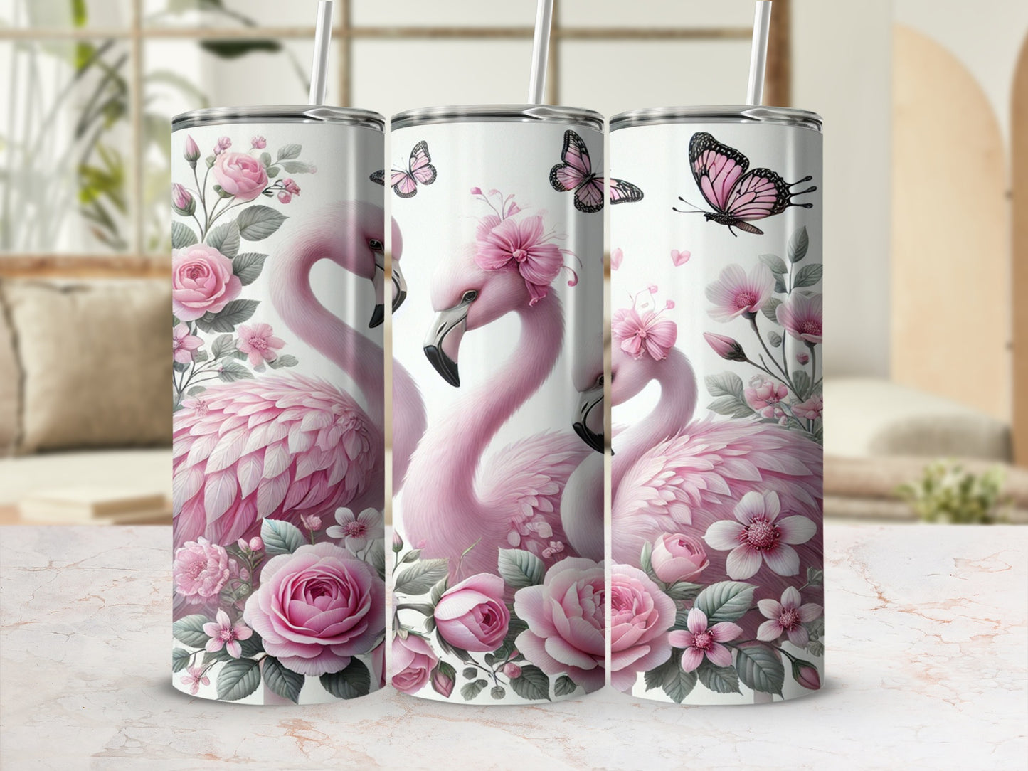 Charming Pink Flamingo Floral Design Tumbler Cup