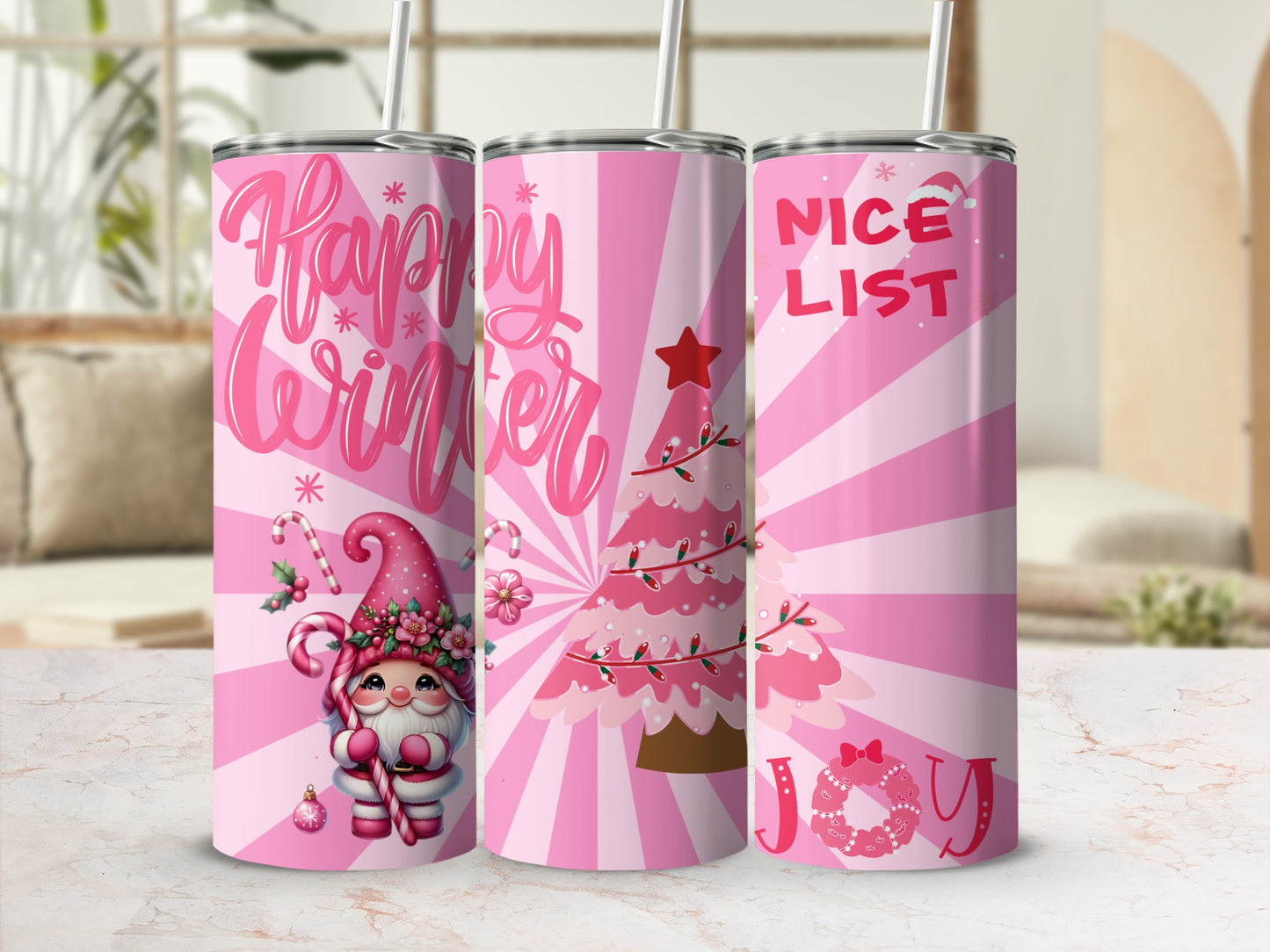 Cute Pink Christmas Themed Tall Tumblers with Straw