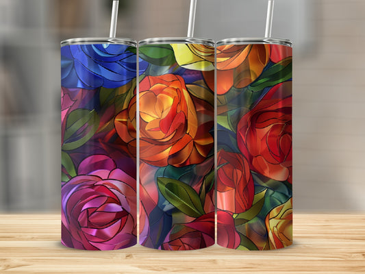 Three tumblers with vibrant stained-glass rose patterns and white straws.