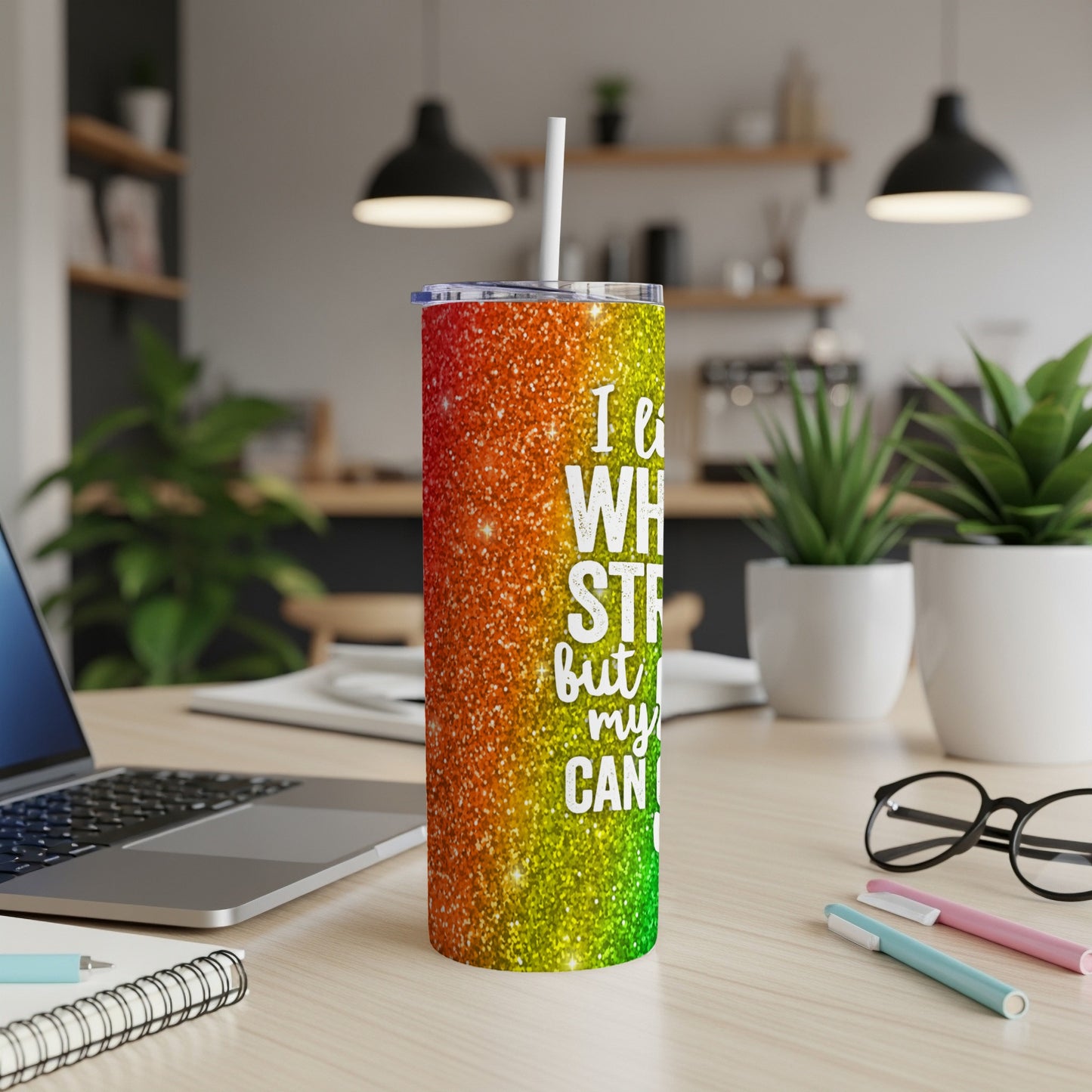 Glitter tumbler with white text reading "I am who I say I am".