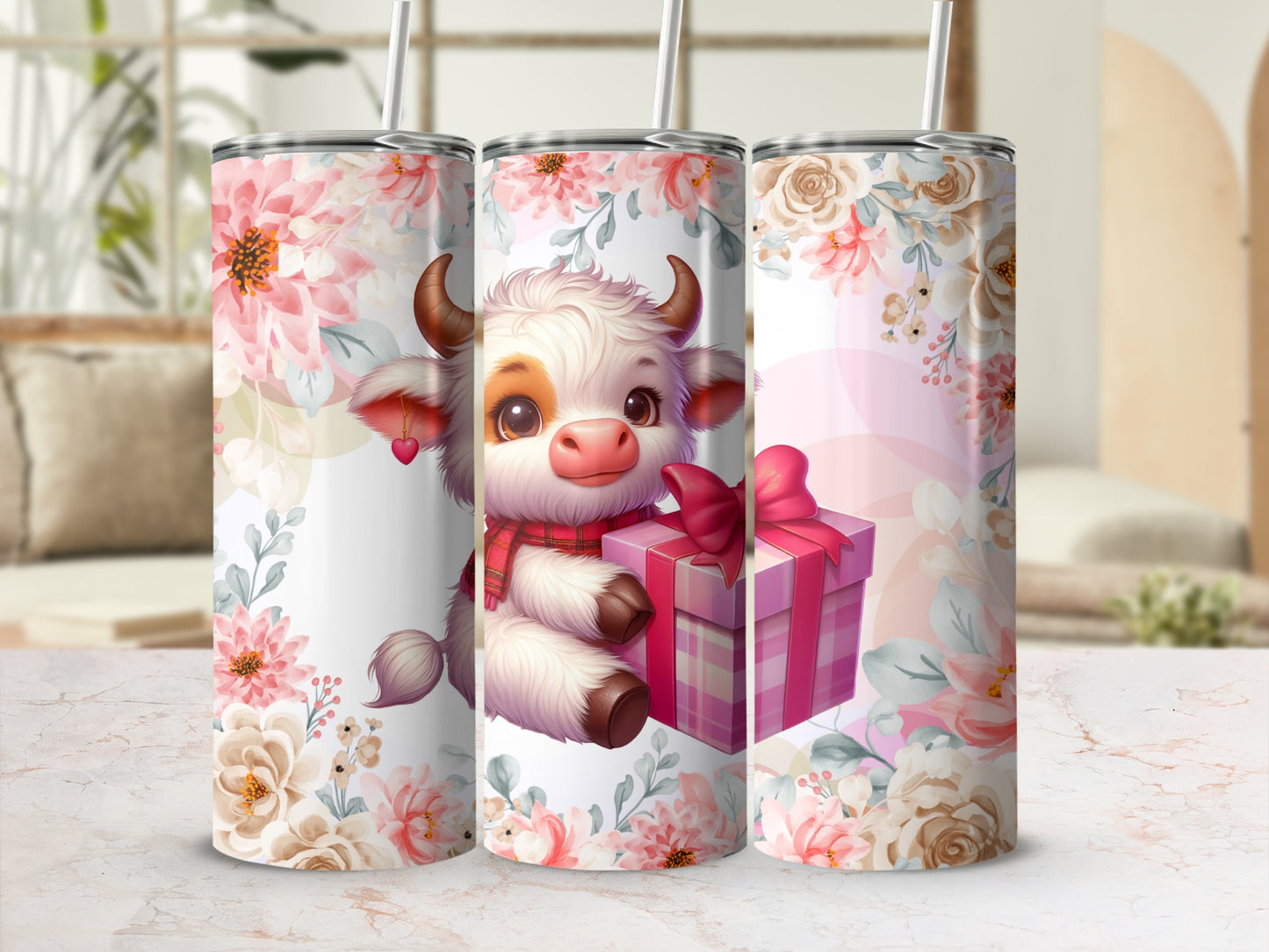 Cute Cow with Gift Floral Design Tumblers