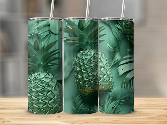 Three green tumblers with pineapple and tropical leaf pattern.