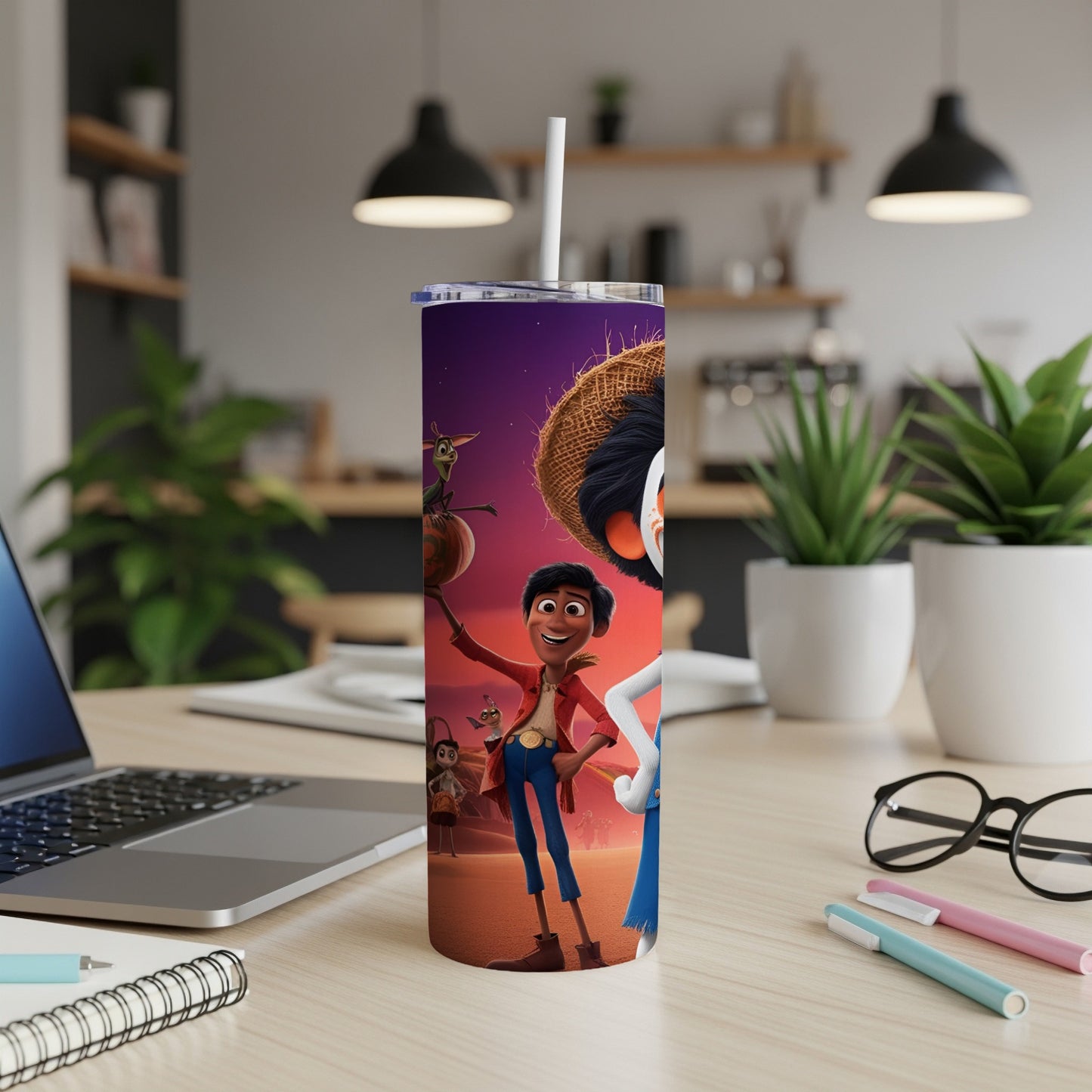 Man in sombrero and woman with straw hat, cartoon characters on a tumbler.