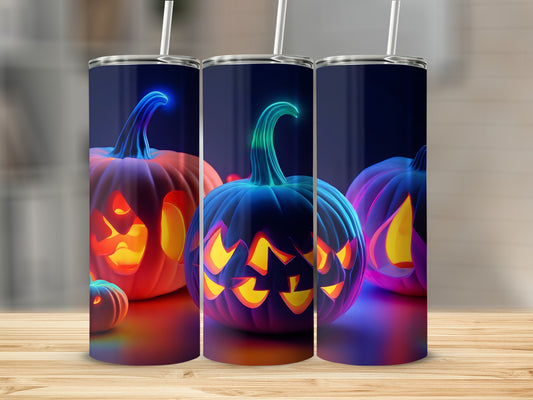 Three illuminated Halloween pumpkins with glowing faces on a wooden surface.