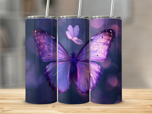 Triptych of tumblers with iridescent purple butterfly and bokeh background.