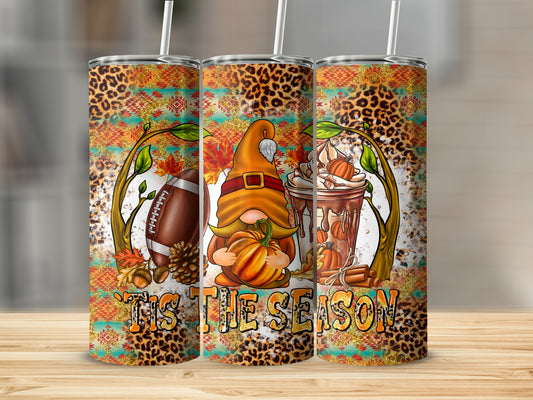 Three tumblers featuring a gnome, football, and pumpkin spice latte design.