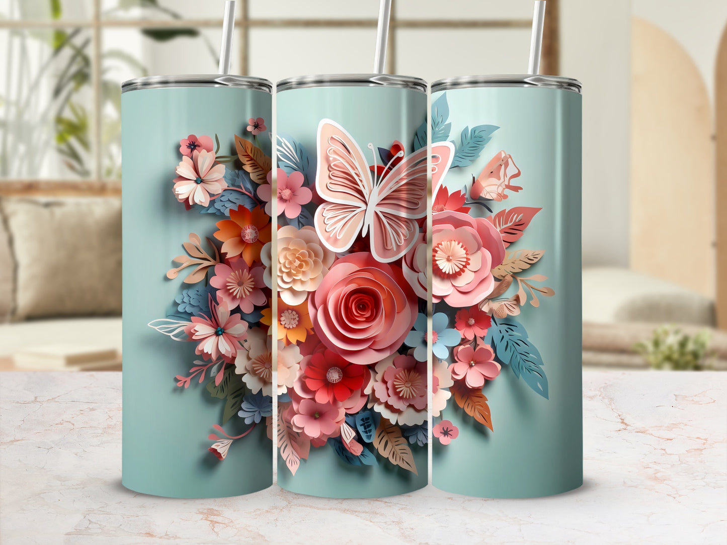 Floral and Butterfly Design Insulated Tumbler