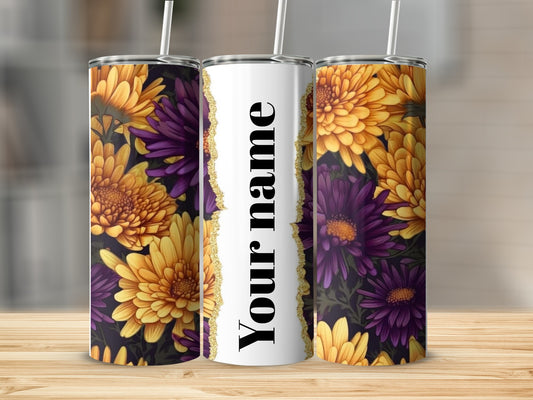Personalized Tumbler with Yellow and Purple Flowers