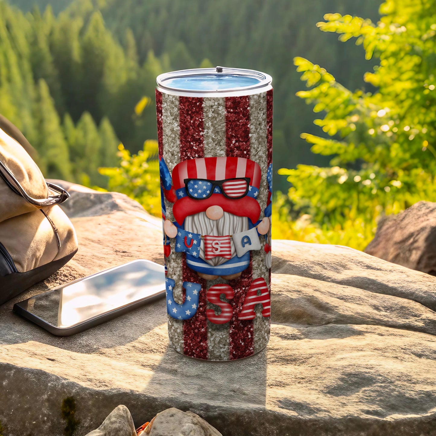 Glittery patriotic tumbler with USA flag pattern and gnome illustration.