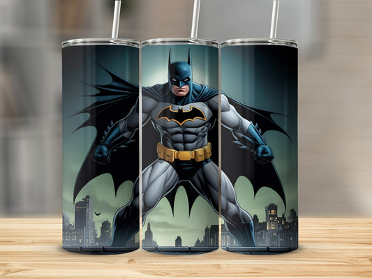 Batman standing heroically in front of a city skyline.