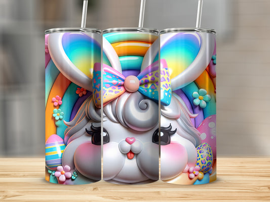 Three tumblers with a cartoon Easter bunny wearing a rainbow bow.