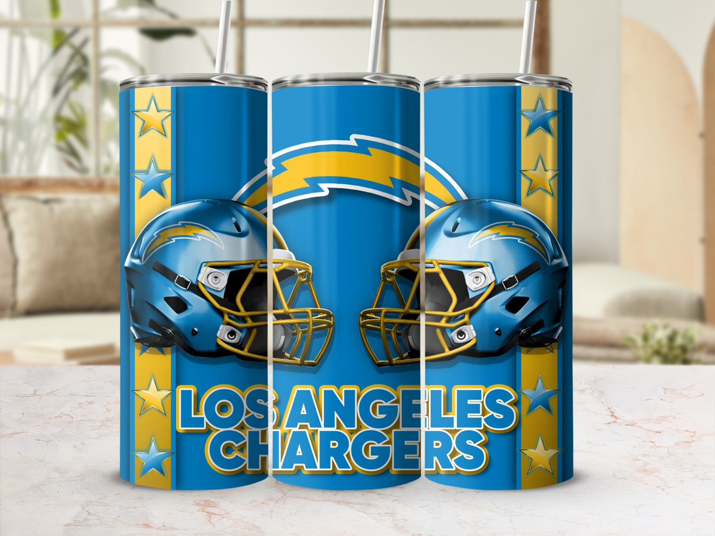Los Angeles Chargers Helmets on Blue and Gold Tumblers