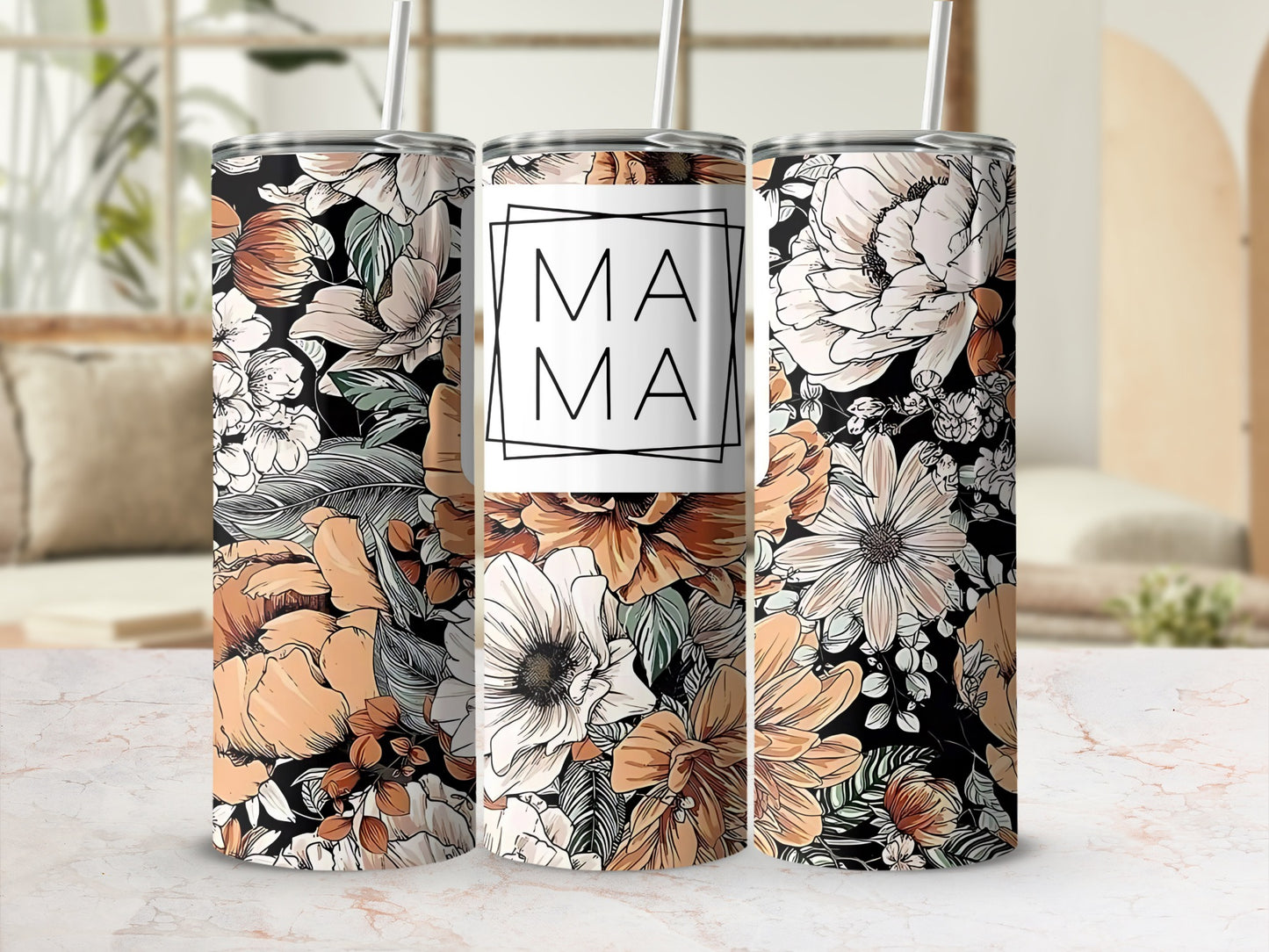 Floral Design Tumbler with Mama Quote on Black Background