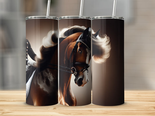 Brown horse with flowing mane in dressage tack on a tumbler.